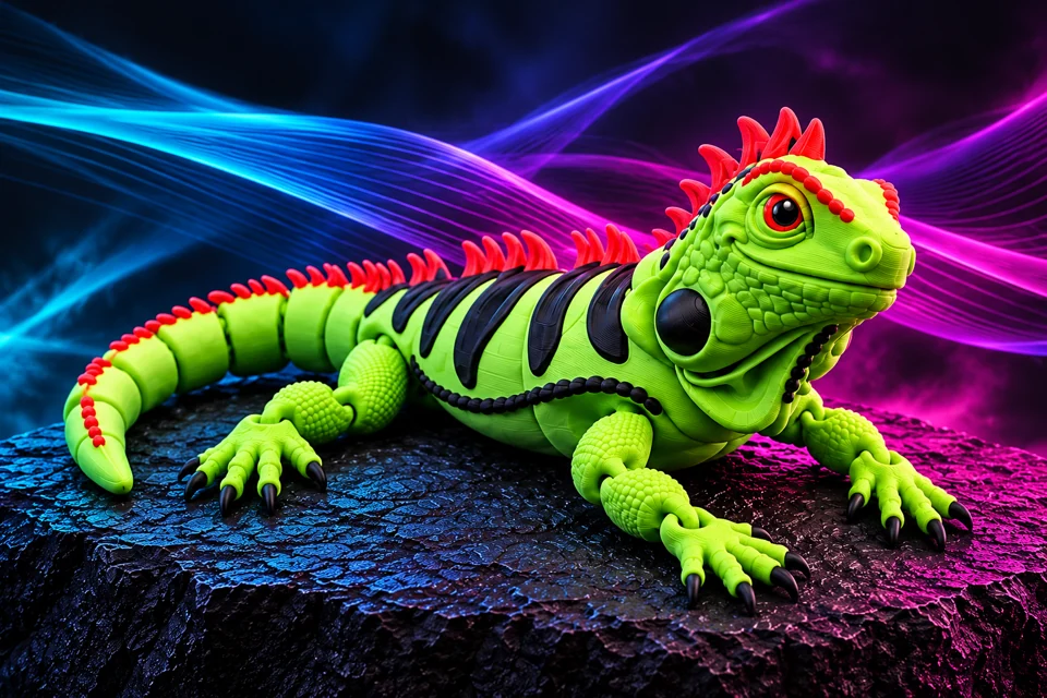 Illustrative lime-green articulated lizard with red spines