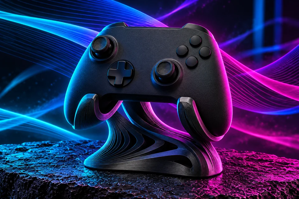 Illustrative black game controller on a sculptural holder