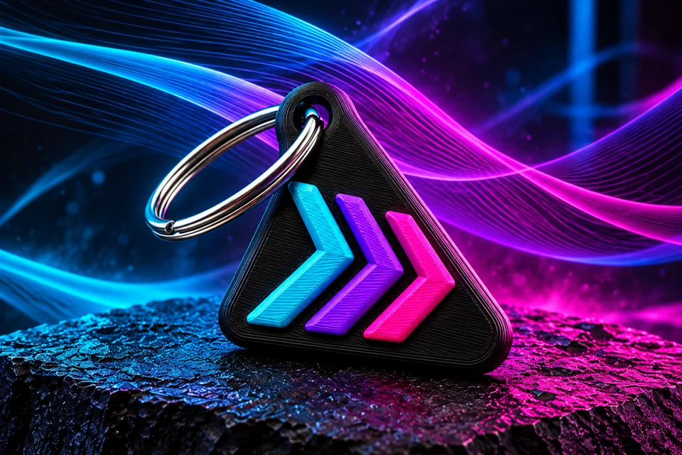 Illustrative black keyring with cyan, violet and magenta chevrons