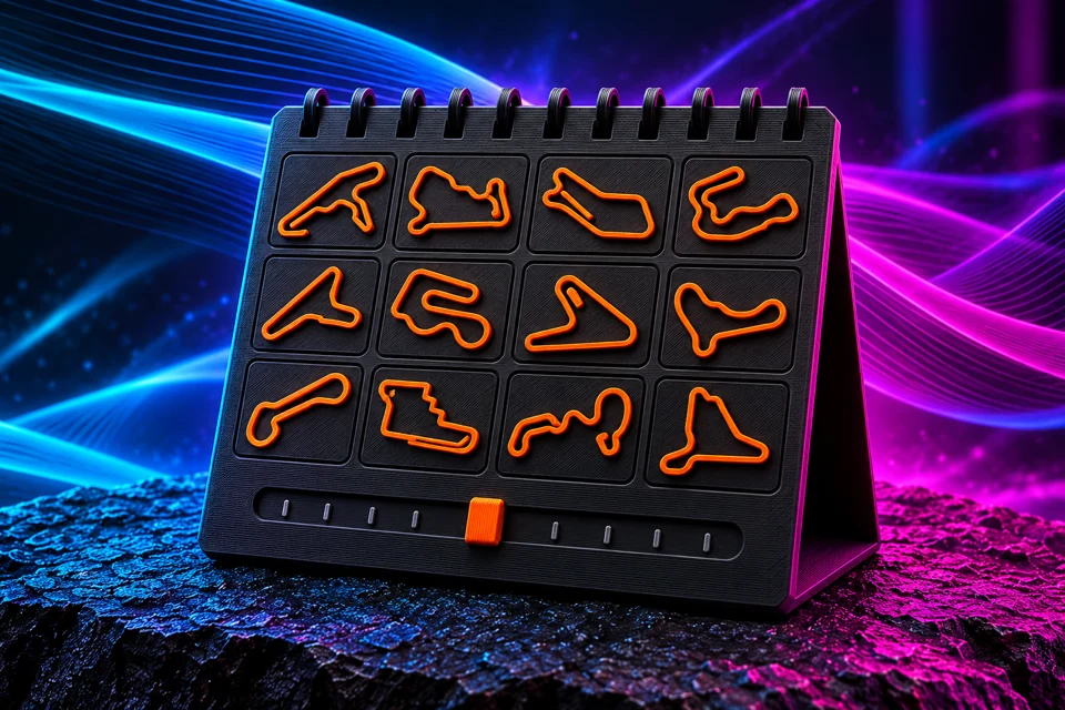 Illustrative black and orange motorsport calendar board, not an actual race schedule