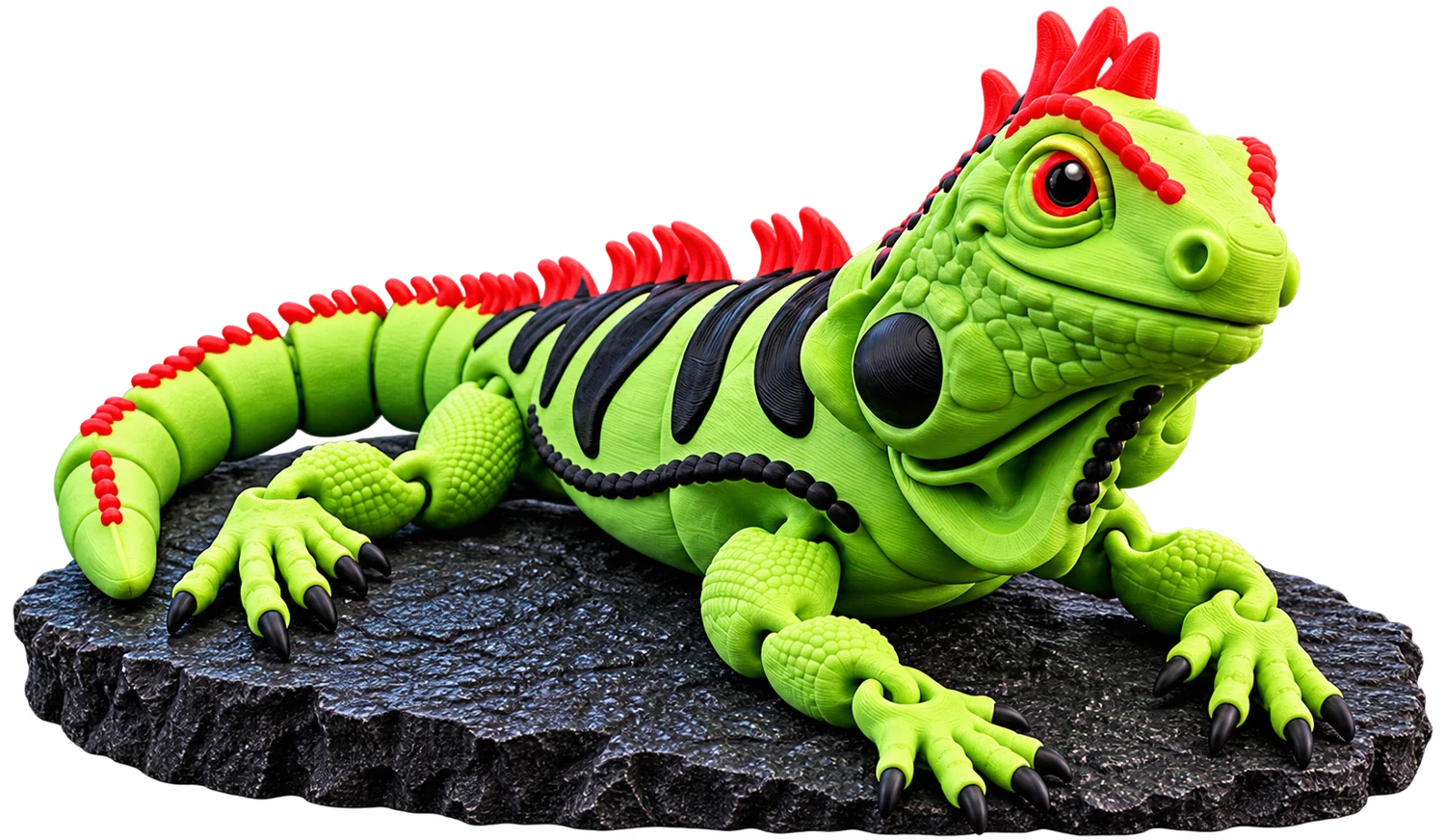 Brand concept artwork of a lime-green articulated lizard on a dark stone platform